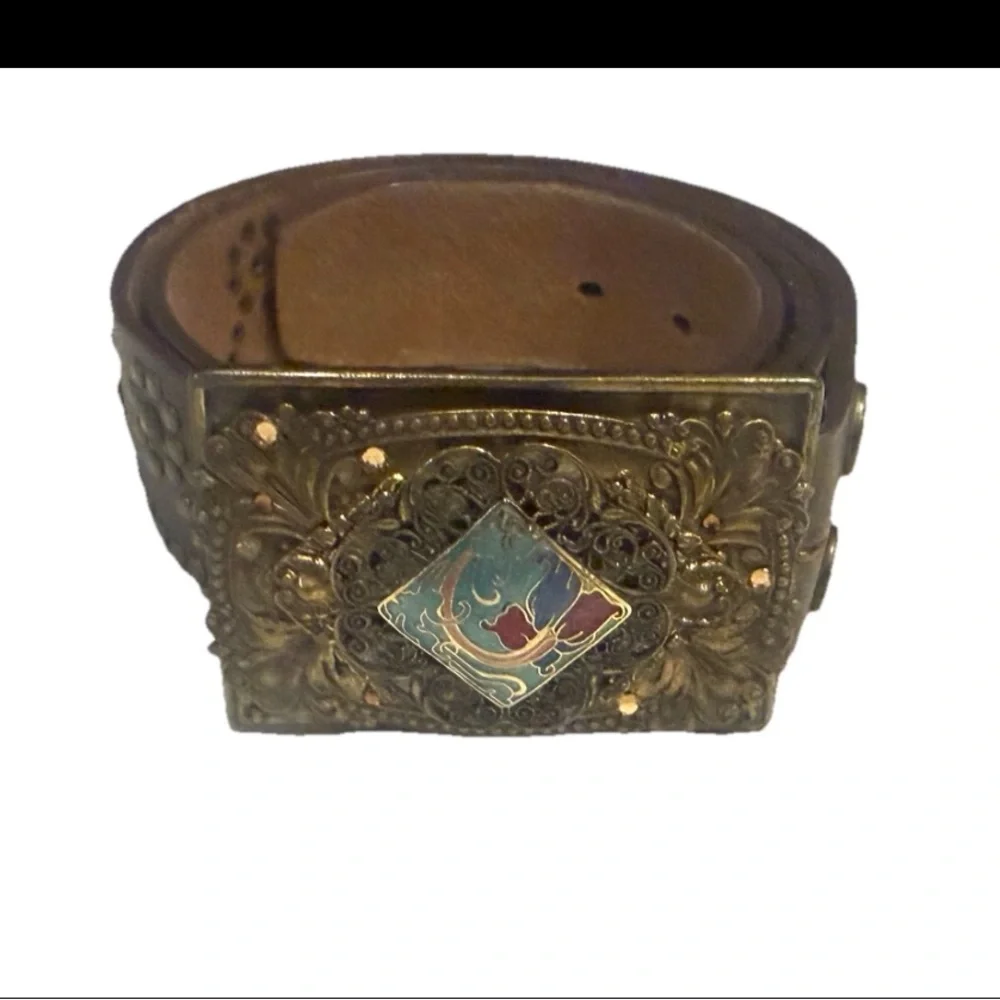 Floral Studded Brown Leather Belt w/Filigree Enamel Belt Buckle Small
